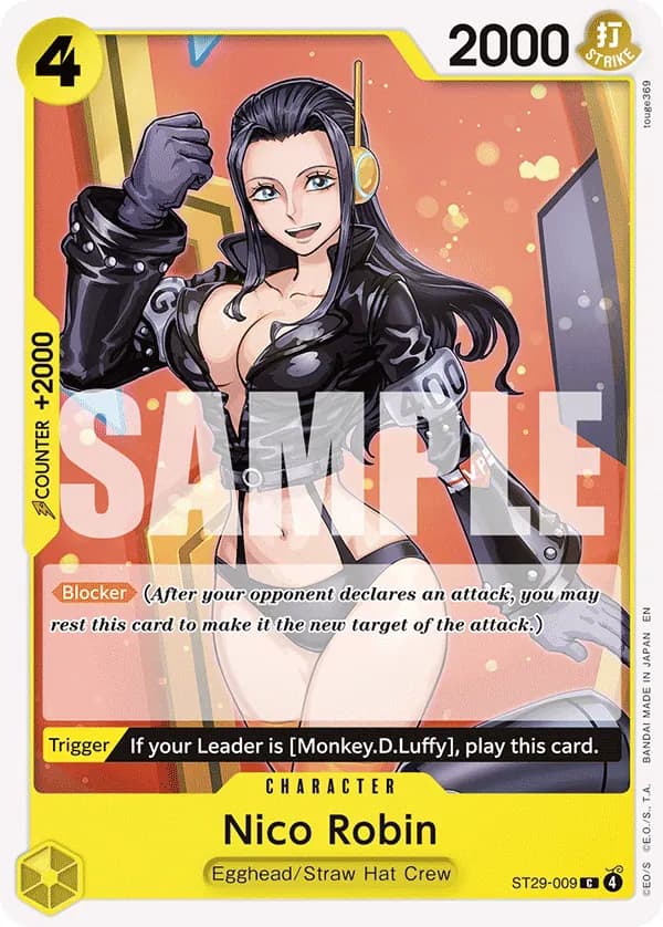 2026 One Piece Card Game Egghead (ST-29) #ST29-009 Nico Robin; official card image from the Bandai card list; publisher sample markings retained