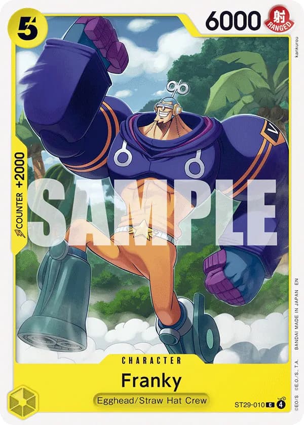 2026 One Piece Card Game Egghead (ST-29) #ST29-010 Franky; official card image from the Bandai card list; publisher sample markings retained