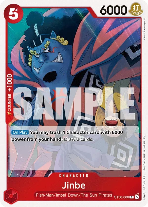 2026 One Piece Card Game Luffy & Ace (ST-30) #ST30-006 Jinbe; official card image from the Bandai card list; publisher sample markings retained