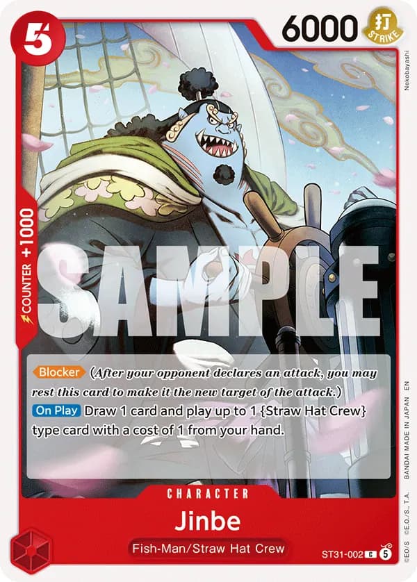 2026 One Piece Card Game Red Monkey.D.Luffy (ST-31) #ST31-002 Jinbe; official card image from the Bandai card list; publisher sample markings retained