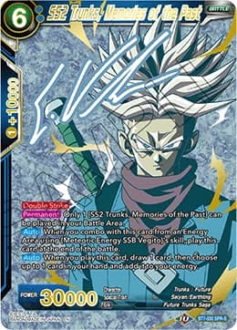 2019 Dragon Ball Super Card Game Masters Assault of the Saiyans (DBS-B07) #BT7-030_SPR_S SS2 Trunks, Memories of the Past Special Rare Signature; official card image from the Bandai card database; publisher sample markings retained where present