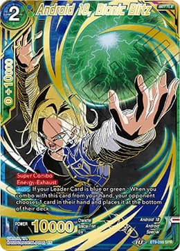 2020 Dragon Ball Super Card Game Masters Universal Onslaught (DBS-B09) #BT9-099_SPR Android 18, Bionic Blitz Special Rare; official card image from the Bandai card database; publisher sample markings retained where present