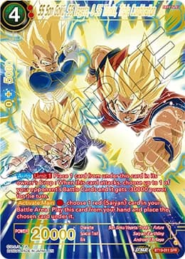 2022 Dragon Ball Super Card Game Masters Fighter's Ambition (DBS-B19) #BT19-011_SPR SS Son Goku, SS Vegeta, & SS Trunks, Triple Combination Special Rare; official card image from the Bandai card database; publisher sample markings retained where present
