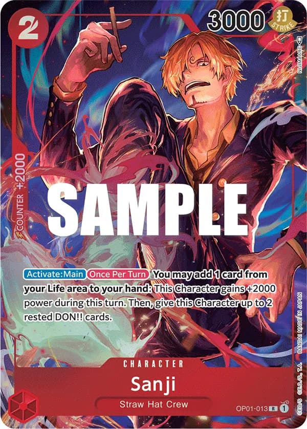 2022 One Piece Card Game Romance Dawn (OP-01) #OP01-013 Sanji Parallel; official card image from the Bandai card list; publisher sample markings retained
