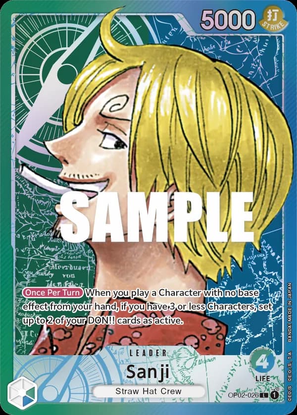 2023 One Piece Card Game Paramount War (OP-02) #OP02-026 Sanji Parallel; official card image from the Bandai card list; publisher sample markings retained