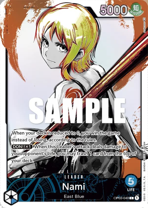 2023 One Piece Card Game Pillars of Strength (OP-03) #OP03-040 Nami Parallel; official card image from the Bandai card list; publisher sample markings retained
