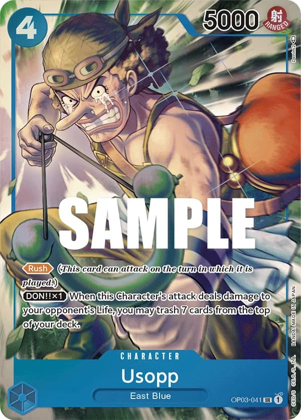 2023 One Piece Card Game Pillars of Strength (OP-03) #OP03-041 Usopp Parallel; official card image from the Bandai card list; publisher sample markings retained