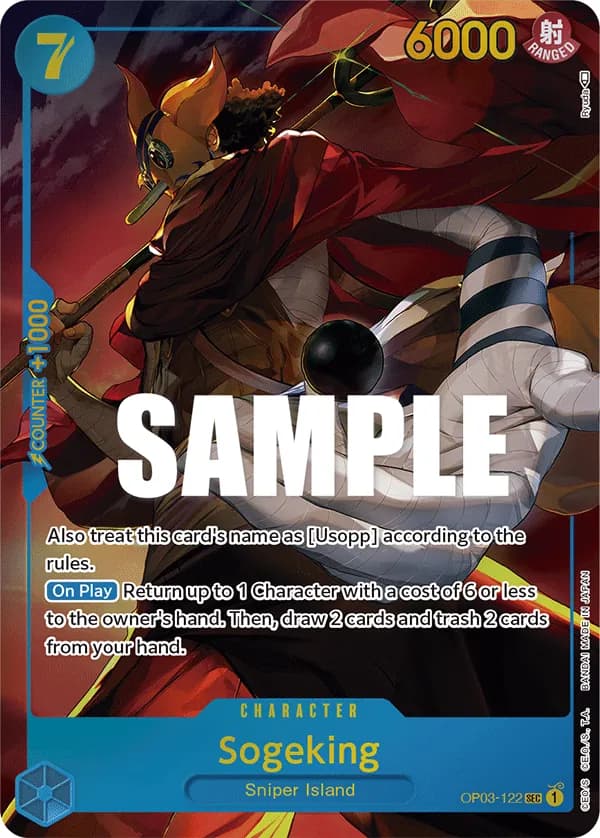 2023 One Piece Card Game Pillars of Strength (OP-03) #OP03-122 Sogeking Parallel; official card image from the Bandai card list; publisher sample markings retained