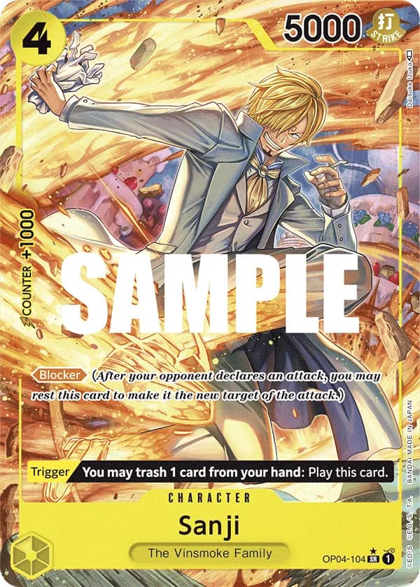 2023 One Piece Card Game Kingdoms of Intrigue (OP-04) #OP04-104 Sanji Parallel; official card image from the Bandai card list; publisher sample markings retained