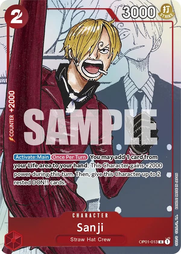 2023 One Piece Card Game Premium Card Collection -25th Edition- #OP01-013 Sanji Parallel; official card image from the Bandai card list; publisher sample markings retained
