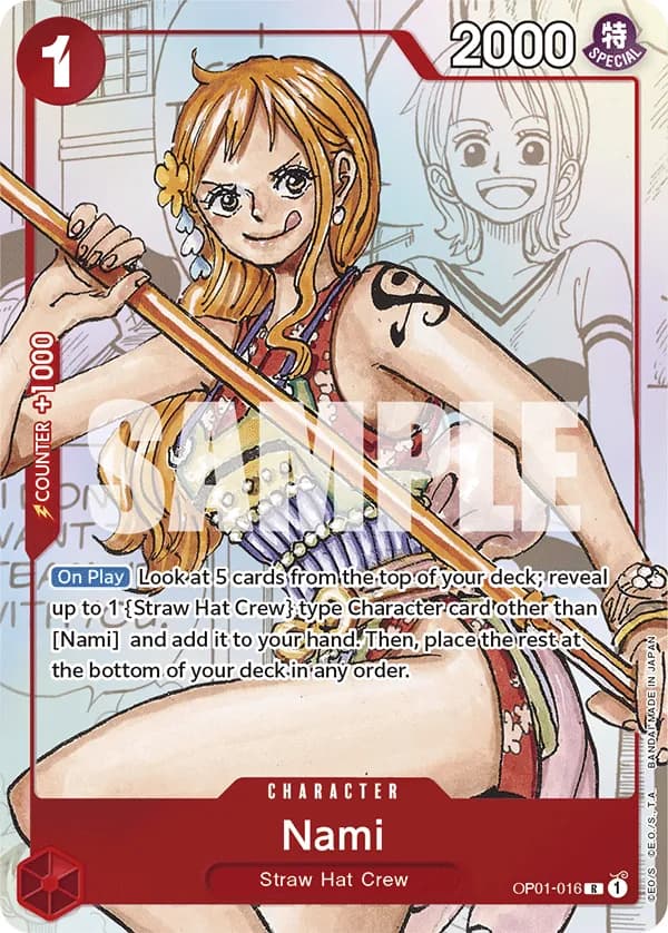 2023 One Piece Card Game Premium Card Collection -25th Edition- #OP01-016 Nami Parallel; official card image from the Bandai card list; publisher sample markings retained
