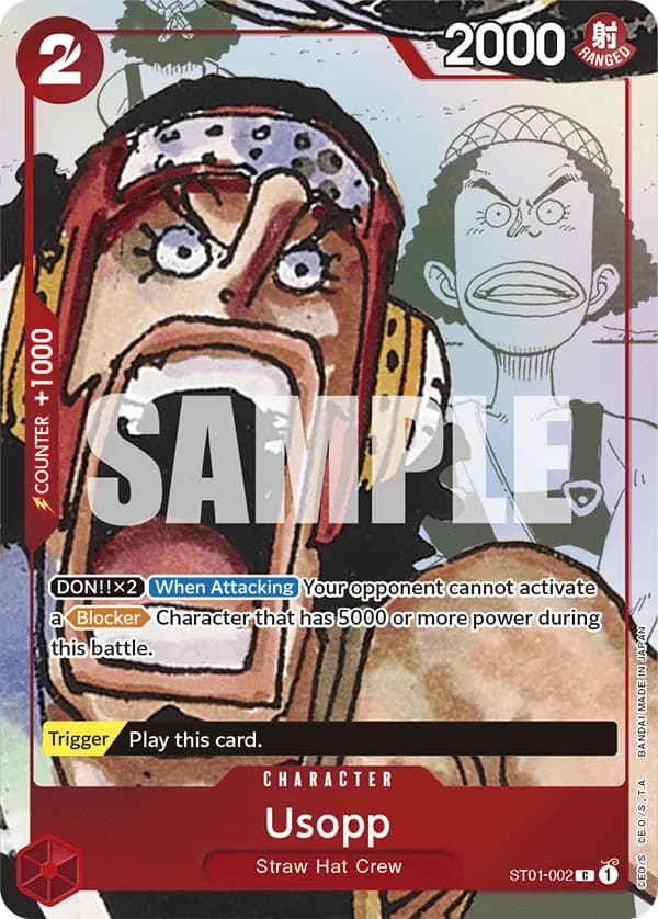 2023 One Piece Card Game Premium Card Collection -25th Edition- #ST01-002 Usopp Parallel; official card image from the Bandai card list; publisher sample markings retained