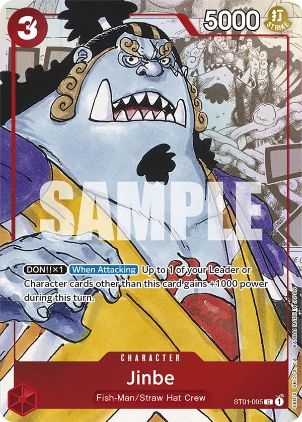 2023 One Piece Card Game Premium Card Collection -25th Edition- #ST01-005 Jinbe Parallel; official card image from the Bandai card list; publisher sample markings retained