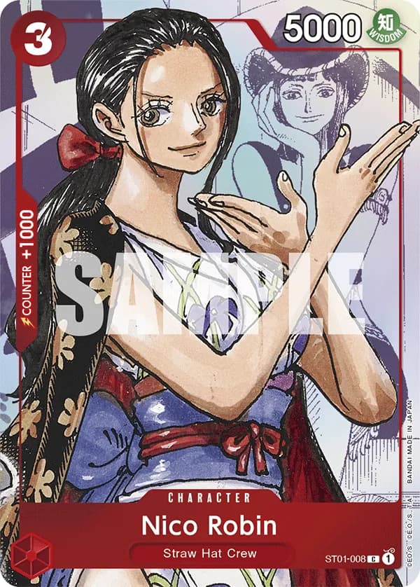 2023 One Piece Card Game Premium Card Collection -25th Edition- #ST01-008 Nico Robin Parallel; official card image from the Bandai card list; publisher sample markings retained