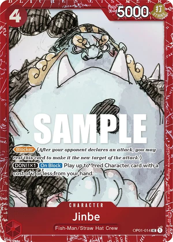 2023 One Piece Card Game Premium Card Collection -FILM RED Edition- #OP01-014 Jinbe Parallel; official card image from the Bandai card list; publisher sample markings retained