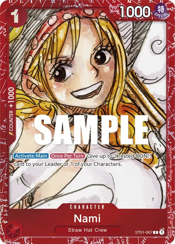 2023 One Piece Card Game Premium Card Collection -FILM RED Edition- #ST01-007 Nami Parallel; official card image from the Bandai card list; publisher sample markings retained