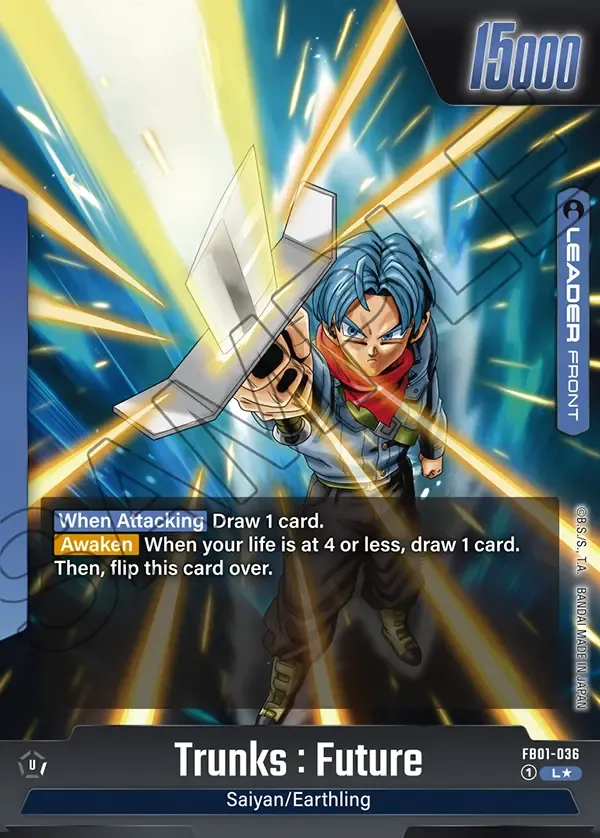 2024 Dragon Ball Super Card Game Fusion World Awakened Pulse (FB01) #FB01-036 Trunks : Future Parallel; official card image from the Bandai card database; publisher sample markings retained