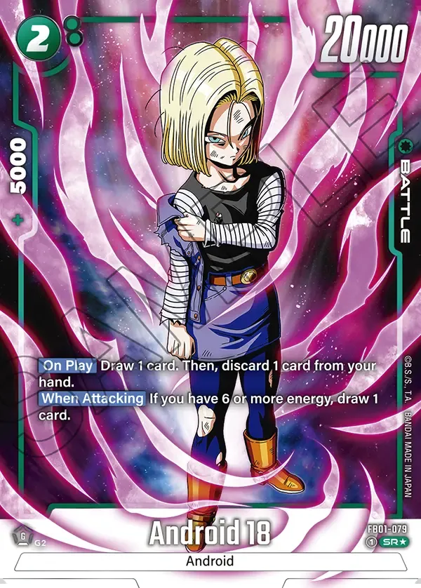 2024 Dragon Ball Super Card Game Fusion World Awakened Pulse (FB01) #FB01-079 Android 18 Parallel; official card image from the Bandai card database; publisher sample markings retained