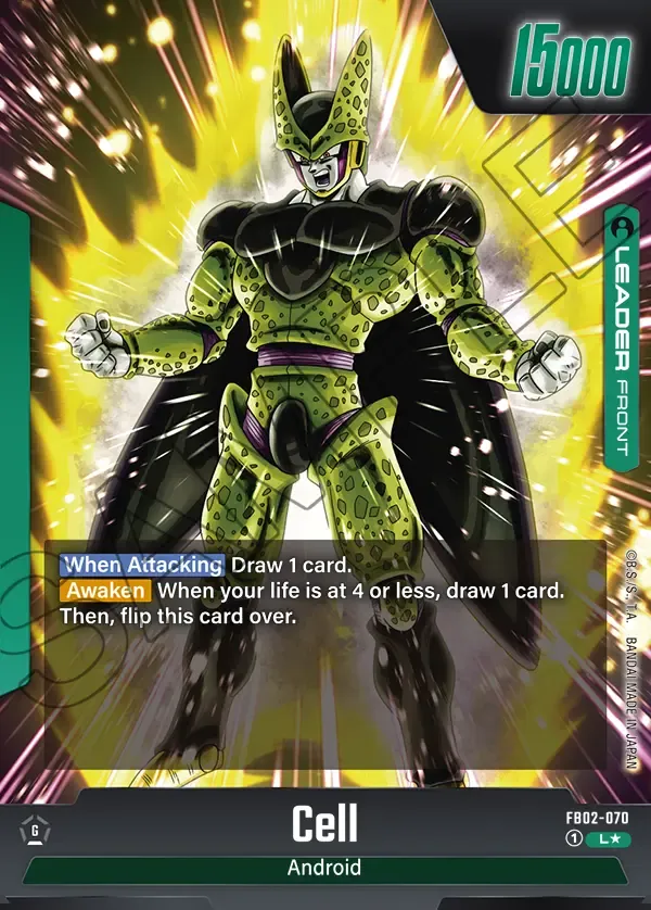2024 Dragon Ball Super Card Game Fusion World Blazing Aura (FB02) #FB02-070 Cell Parallel; official card image from the Bandai card database; publisher sample markings retained