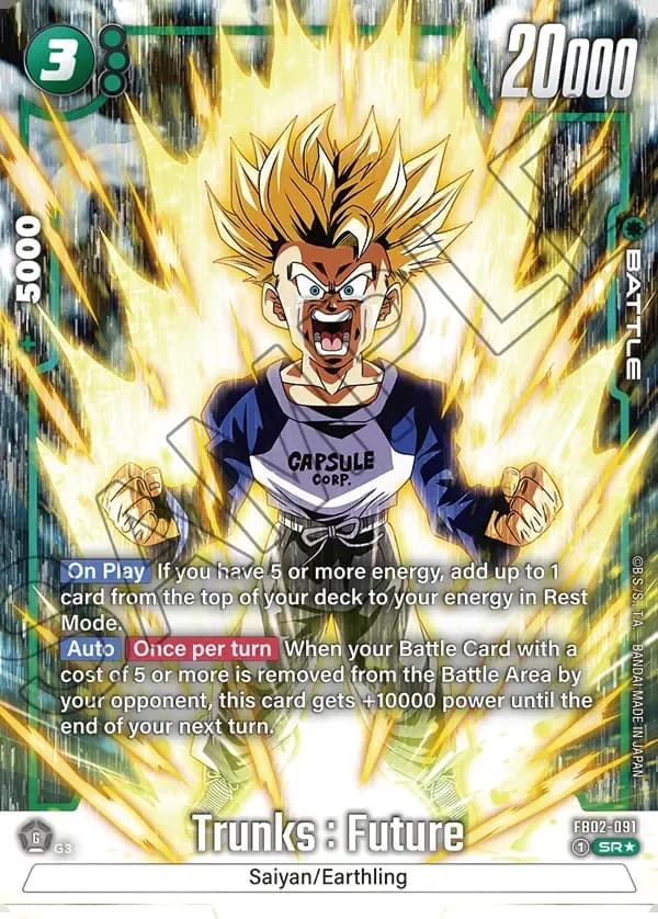 2024 Dragon Ball Super Card Game Fusion World Blazing Aura (FB02) #FB02-091 Trunks : Future Parallel; official card image from the Bandai card database; publisher sample markings retained