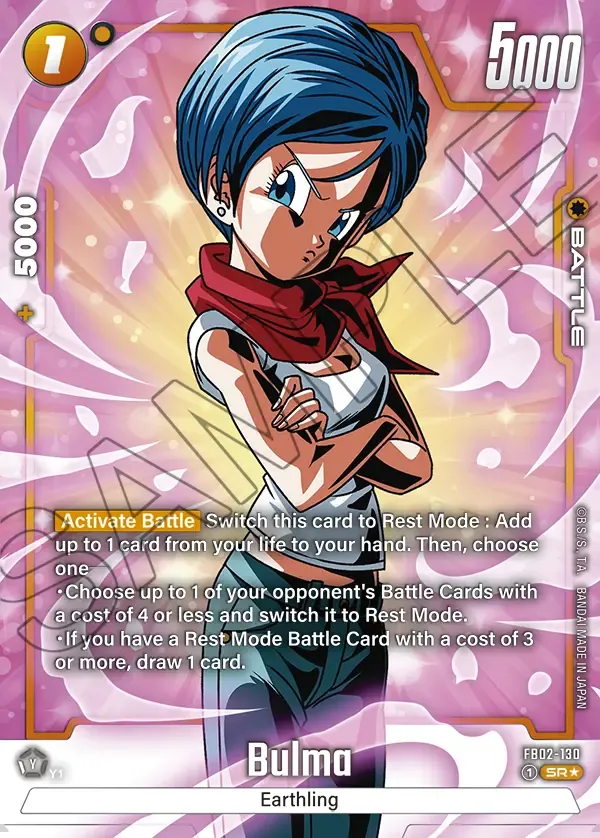 2024 Dragon Ball Super Card Game Fusion World Blazing Aura (FB02) #FB02-130 Bulma Parallel; official card image from the Bandai card database; publisher sample markings retained