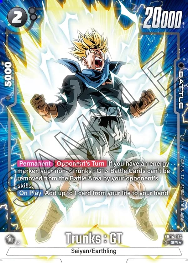 2024 Dragon Ball Super Card Game Fusion World Ultra Limit (FB04) #FB04-114 Trunks : GT Parallel; official card image from the Bandai card database; publisher sample markings retained