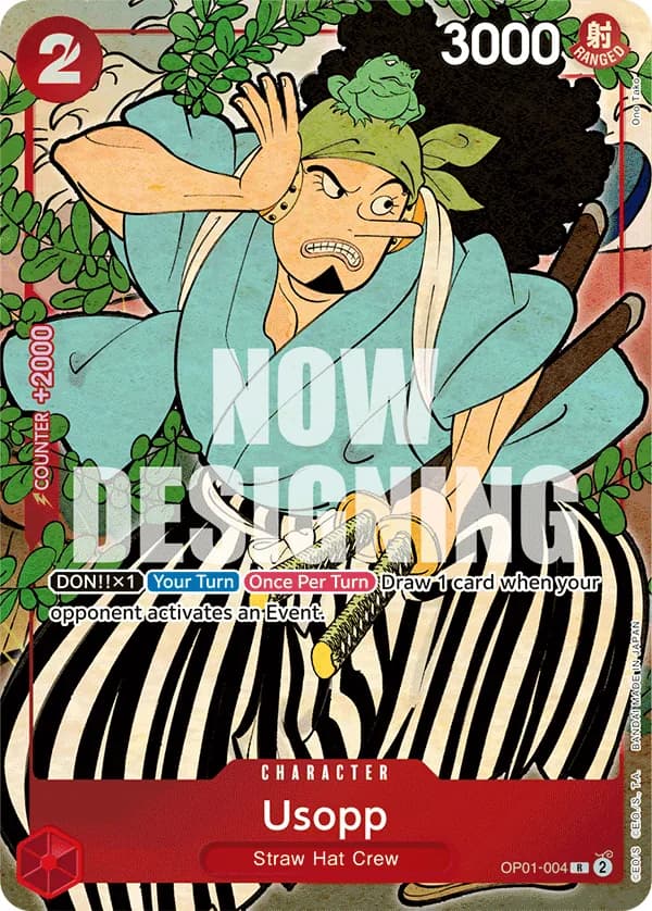 2024 One Piece Card Game English Version 1st Anniversary Set #OP01-004 Usopp Parallel; official card image from the Bandai card list; publisher sample markings retained