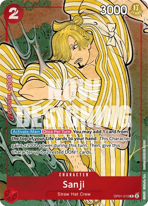 2024 One Piece Card Game English Version 1st Anniversary Set #OP01-013 Sanji Parallel; official card image from the Bandai card list; publisher sample markings retained