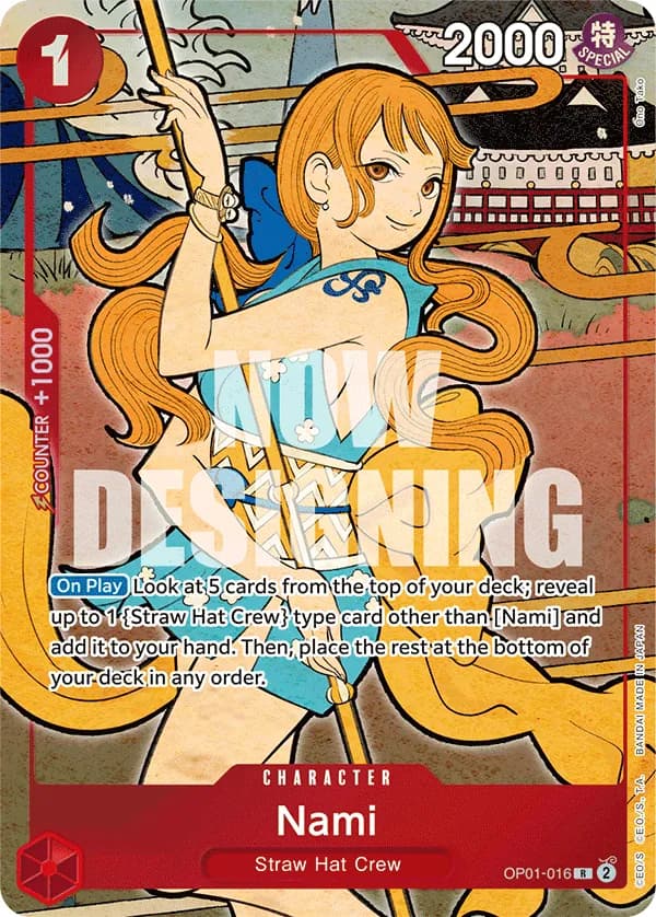 2024 One Piece Card Game English Version 1st Anniversary Set #OP01-016 Nami Parallel; official card image from the Bandai card list; publisher sample markings retained