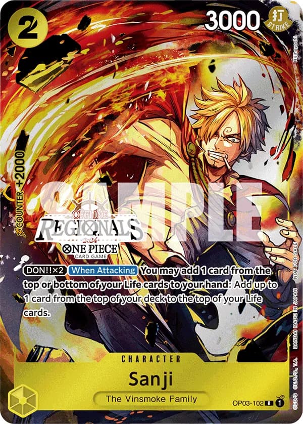 2024 One Piece Card Game Offline Regional Participation Pack 2024 Vol. 1 #OP03-102 Sanji Parallel; official card image from the Bandai card list; publisher sample markings retained