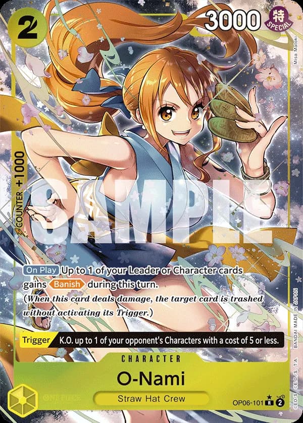 2024 One Piece Card Game Wings of the Captain (OP-06) #OP06-101 O-Nami Parallel; official card image from the Bandai card list; publisher sample markings retained