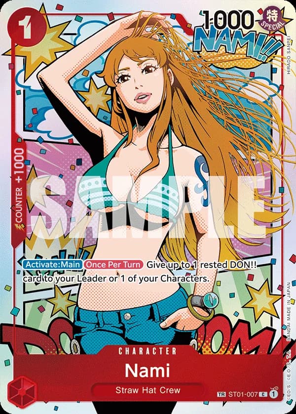 2024 One Piece Card Game Wings of the Captain (OP-06) #ST01-007 Nami Parallel; official card image from the Bandai card list; publisher sample markings retained