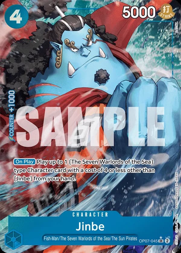 2024 One Piece Card Game 500 Years in the Future (OP-07) #OP07-045 Jinbe Parallel; official card image from the Bandai card list; publisher sample markings retained