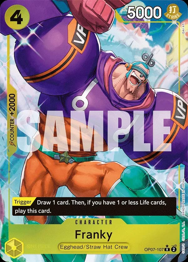 2024 One Piece Card Game 500 Years in the Future (OP-07) #OP07-107 Franky Parallel; official card image from the Bandai card list; publisher sample markings retained