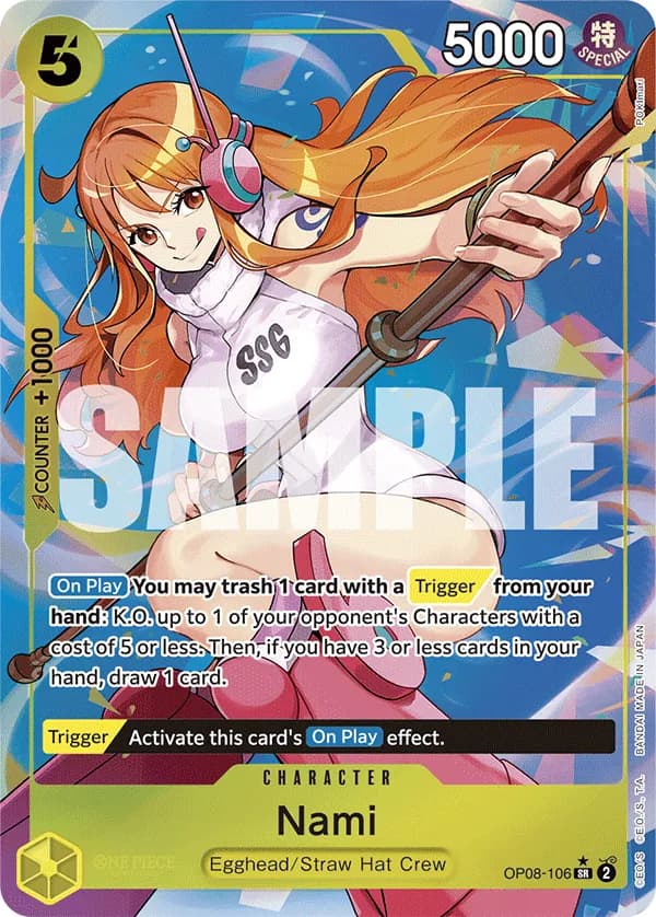 2024 One Piece Card Game Two Legends (OP-08) #OP08-106 Nami Parallel; official card image from the Bandai card list; publisher sample markings retained