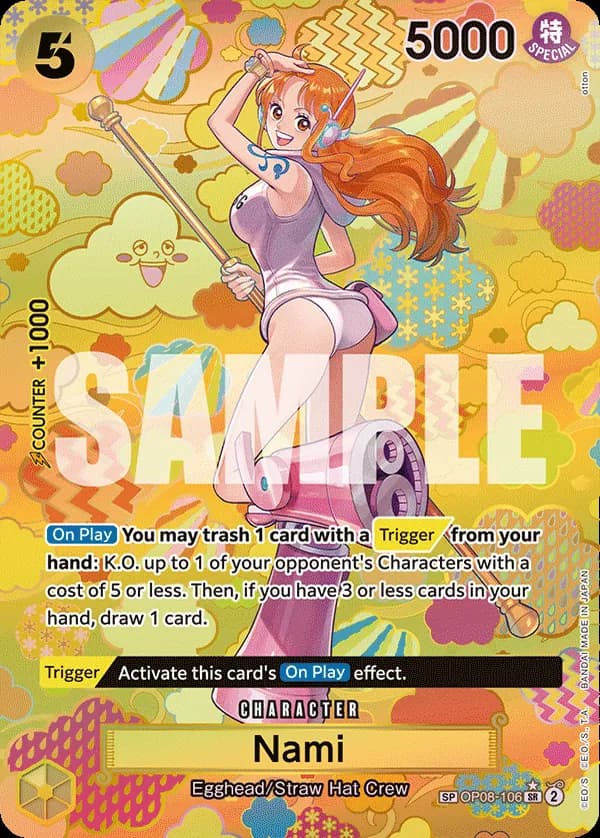 2024 One Piece Card Game Emperors in the New World (OP-09) #OP08-106 Nami Parallel; official card image from the Bandai card list; publisher sample markings retained
