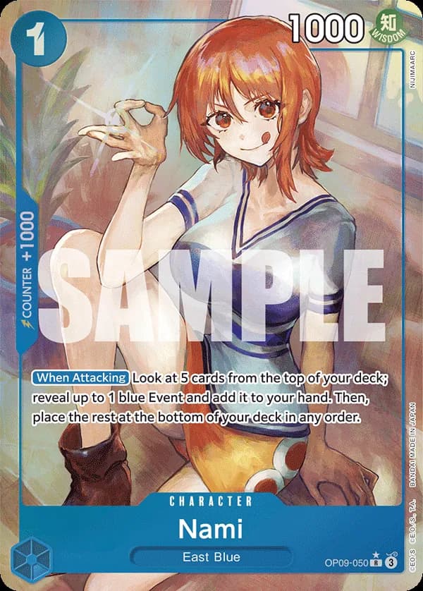2024 One Piece Card Game Emperors in the New World (OP-09) #OP09-050 Nami Parallel; official card image from the Bandai card list; publisher sample markings retained