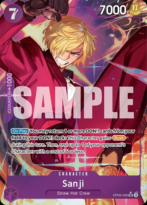 2024 One Piece Card Game Emperors in the New World (OP-09) #OP09-065 Sanji Parallel; official card image from the Bandai card list; publisher sample markings retained