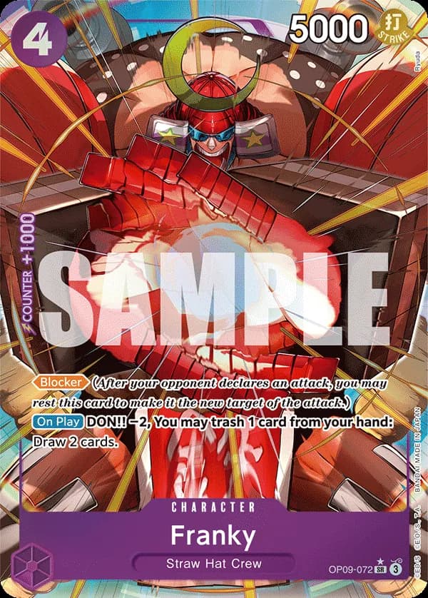 2024 One Piece Card Game Emperors in the New World (OP-09) #OP09-072 Franky Parallel; official card image from the Bandai card list; publisher sample markings retained