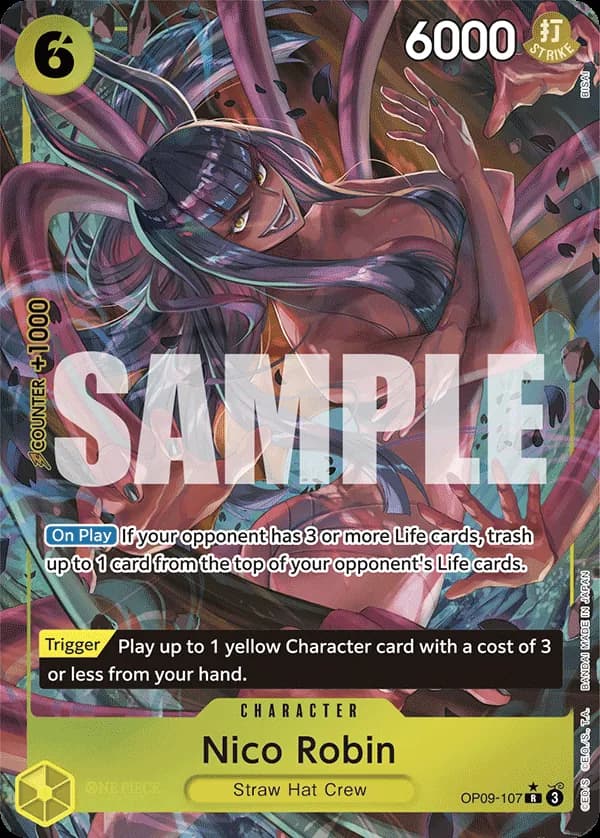 2024 One Piece Card Game Emperors in the New World (OP-09) #OP09-107 Nico Robin Parallel; official card image from the Bandai card list; publisher sample markings retained