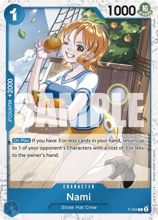 2024 One Piece Card Game One Piece Card The Best (PRB-01) #P-053 Nami Parallel; official card image from the Bandai card list; publisher sample markings retained