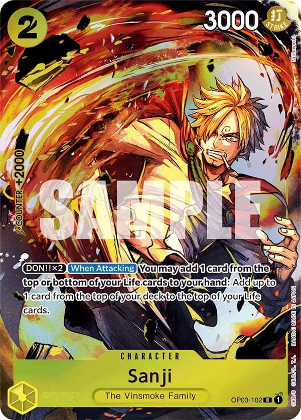 2024 One Piece Card Game Premium Card Collection -BANDAI CARD GAMES Fest. 23-24 Edition- #OP03-102 Sanji Parallel; official card image from the Bandai card list; publisher sample markings retained