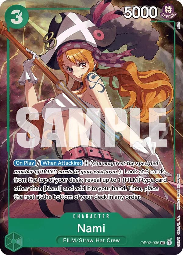 2024 One Piece Card Game Premium Card Collection -Best Selection- #OP02-036 Nami Parallel; official card image from the Bandai card list; publisher sample markings retained