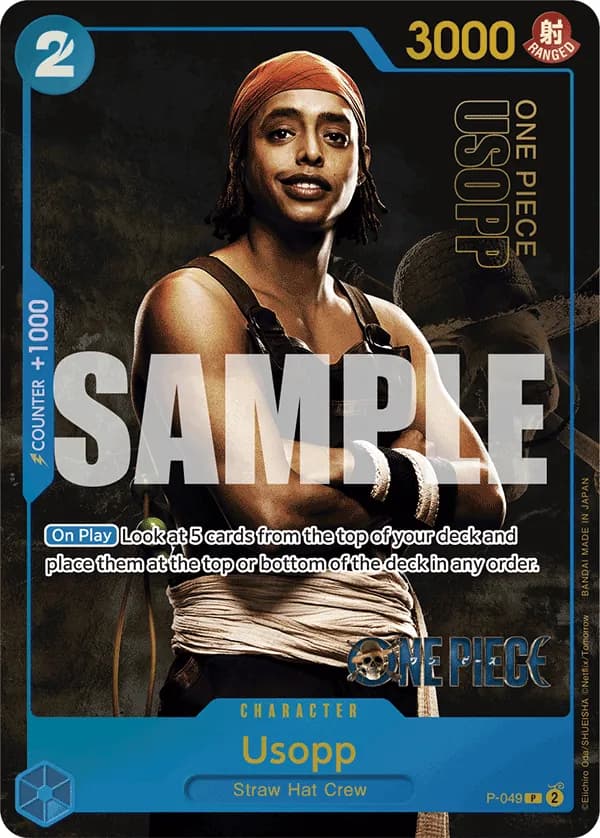 2024 One Piece Card Game Premium Card Collection -Live Action Edition- #P-049 Usopp Parallel; official card image from the Bandai card list; publisher sample markings retained