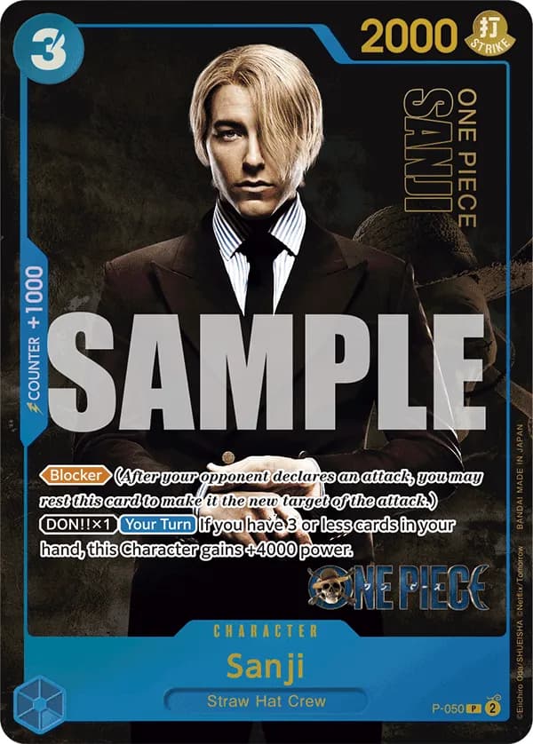 2024 One Piece Card Game Premium Card Collection -Live Action Edition- #P-050 Sanji Parallel; official card image from the Bandai card list; publisher sample markings retained