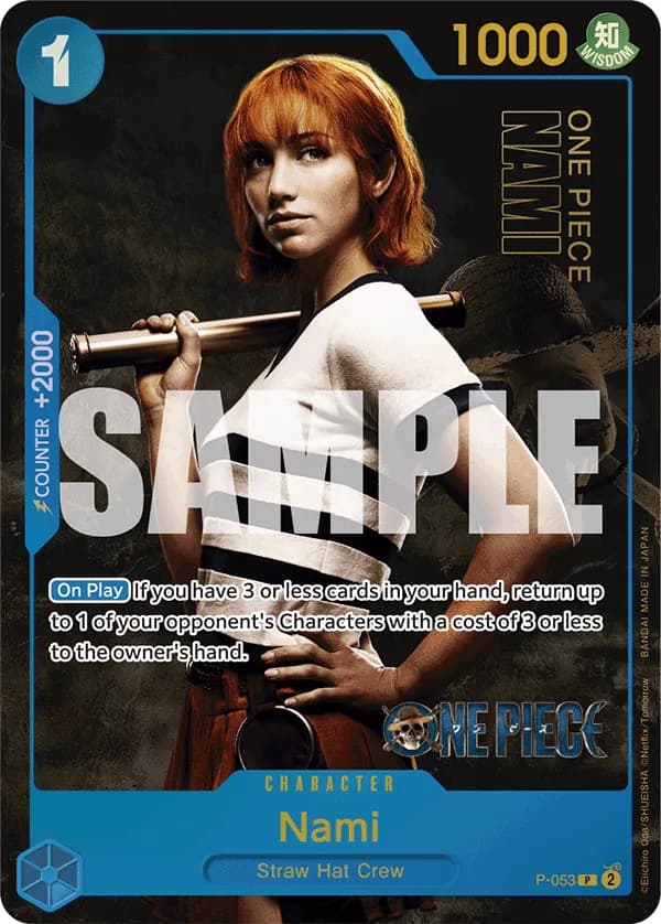 2024 One Piece Card Game Premium Card Collection -Live Action Edition- #P-053 Nami Parallel; official card image from the Bandai card list; publisher sample markings retained