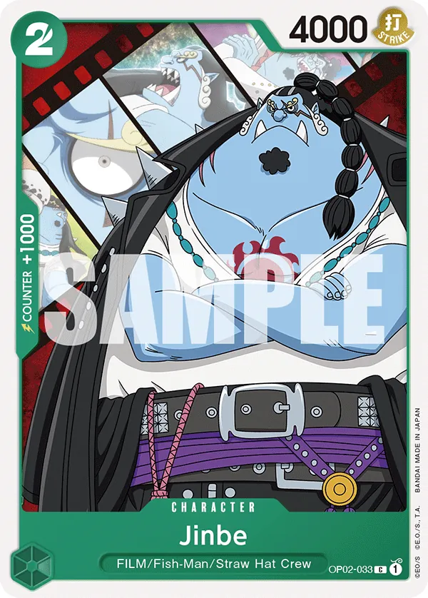 2024 One Piece Card Game Uta (ST-11) #OP02-033 Jinbe Parallel; official card image from the Bandai card list; publisher sample markings retained