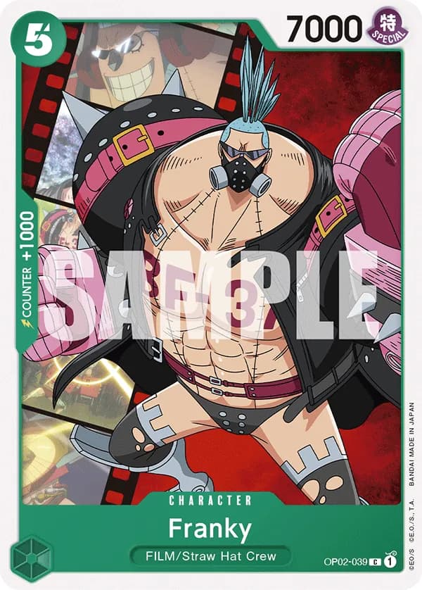 2024 One Piece Card Game Uta (ST-11) #OP02-039 Franky Parallel; official card image from the Bandai card list; publisher sample markings retained