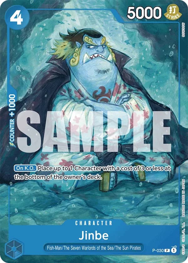 2024 One Piece Card Game Blue Donquixote Doflamingo (ST-17) #P-030 Jinbe Reprint; official card image from the Bandai card list; publisher sample markings retained