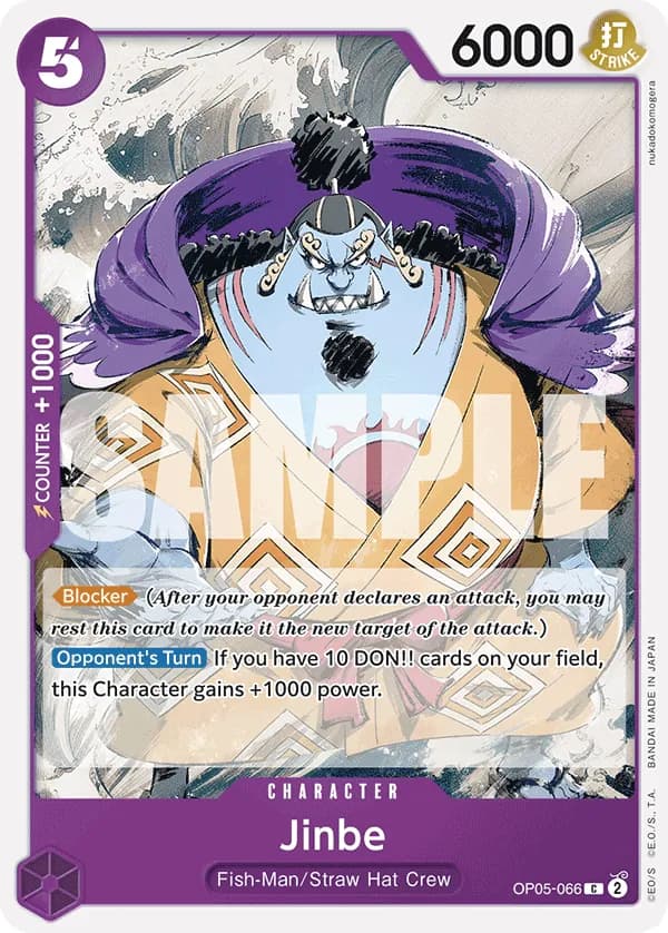 2024 One Piece Card Game Purple Monkey.D.Luffy (ST-18) #OP05-066 Jinbe Reprint; official card image from the Bandai card list; publisher sample markings retained